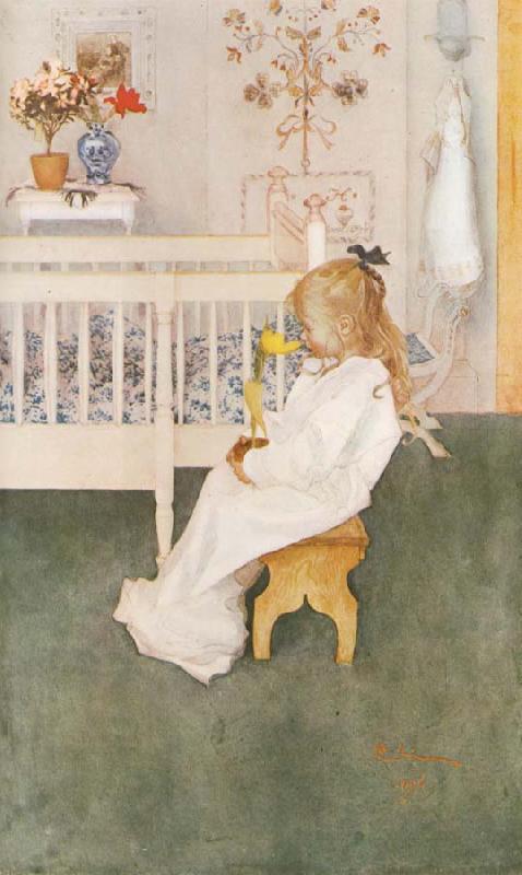 Carl Larsson Lisbeth in her night Dress with a yellow tulip Sweden oil painting art